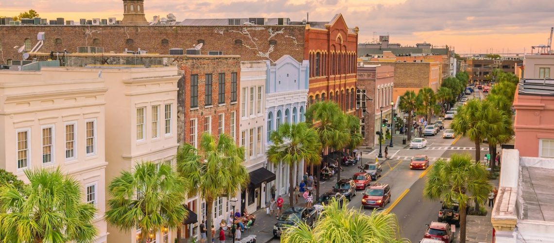 Historical downtown area of  Charleston, South Carolina, USA at twilight.